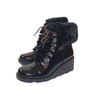 INC Hannia Boots Womens 9 Black Faux Leather Fur Lace-Up Indie Rocker Grunge New